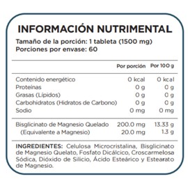 NANO NUTRACÉUTICOS Bisglicinato de Magnesio. 60 tabletas con 200mg de bisglicinato de Magnesio por porción.