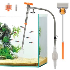 AQQA Aquarium Siphon Vacuum Cleaner Kit with 3 Replaceable Heads, Extra 2-in-1 Algae Scraper Cleaning Brush, Manually Siphon Ball Water Changer, Extendable Length to 31In for Fish Tank Cleaning (S)