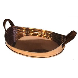 ZUCCOR Large Copper Plated Stainless Steel Serving Tray With Comfortable Faux Leather Handle | Ornate Decorative Tray | Serving Meals, Appetizers & Beverages | Kitchen Countertop - 17" x 13" x 3.5"