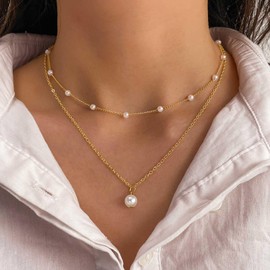 Wedding Mini Pearl Necklace Pearl Chain Simple Necklace Layered Gold Necklace Choker Dainty Pearl Pendant Necklace Pearl Station Minimalist Thin Necklace Pearl Satellite Necklace Jewelry for Women