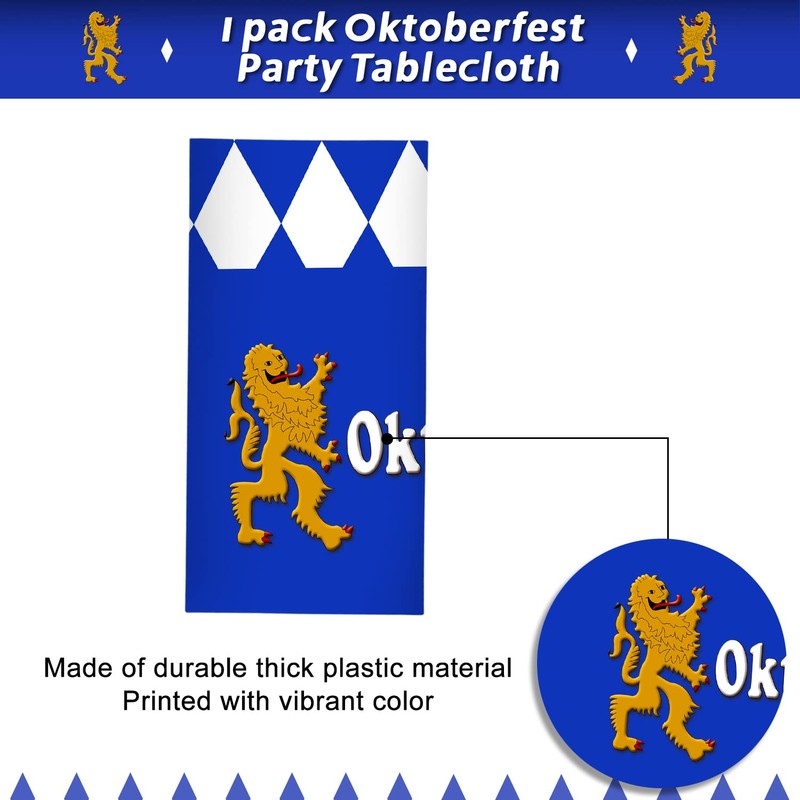 1 Pack Bavarian Oktoberfest Party Tablecloth Decorations, Plastic Rectangular Blue