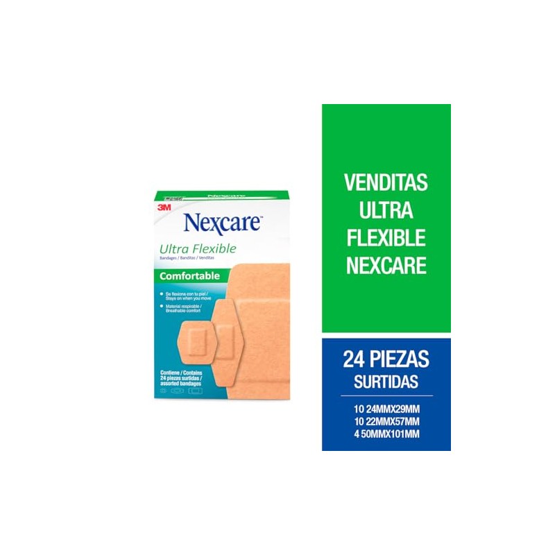 3M Nexcare, Venditas Ultraflexibles, Tamaños Surtidos, Color Beige, Caja con
