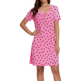 LUBOT Nightgowns for Women Bamboo Viscose Women's Nightgown Sleepshirts Soft Short Sleeve V Neck Summer Printed Nightgown Sleepwear Loungewear Nightshirt (Pink Heart,XL)