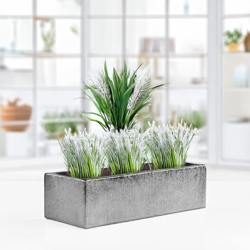 WGVI Long Rectangle Ceramic Planter Vase in Silver Etched 14"