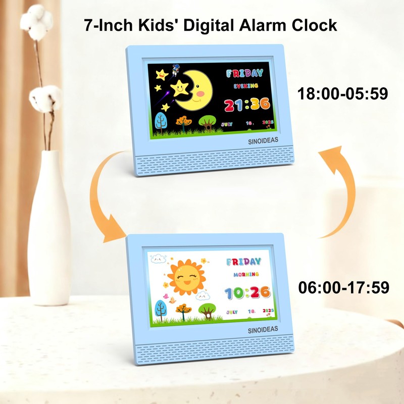 SINOIDEAS 7-Inch Kids' Digital Alarm Clock,Children's Sleep Trainer with Remote