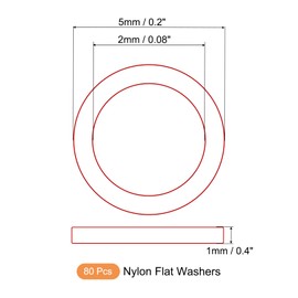 sourcing map Nylon Flat Washer 2mm ID, 5mm OD, 1mm Thickness, M2 Sealing Washer Spacer Metric Plastic Gasket for Screws Bolts Fasteners, Black, Pack of 80