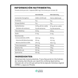 NAD+ con Resveratrol | Formula Anti-Aging 300mg Precusor NMN | Porción 30 dias | NAD con Resveratrol Quercetina Betaina HCL & Semilla de Uva | Capsula