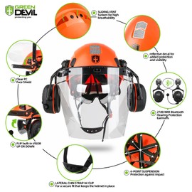 GREEN DEVIL Forestry Chainsaw Safety Helmet with Bluetooth Ear Muffs Arborist Helmet Hard Hat with Built-in Visor Face Shield 5 in 1 System Logging Garden Work Hardhats for Men Women