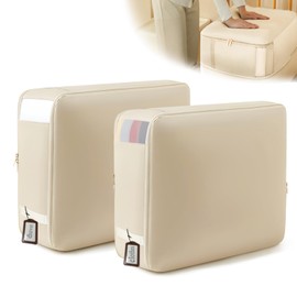 AmiCera Ultra Space Saving Self Compression Storage Bags, Compression Packing Cubes, Large Clothes Storage Organiser Bag with Zips Clear Window for Bedding, Moving, Duvet (Beige, L+L)