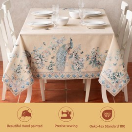 Maison d' Hermine Premium Table Cloth Square Table 100% Combed Cotton 70 x 70 Inches Tablecloth Reusable Decorative for Dining Room, Farmhouse, Party, Festive & Wedding - Peacock Utopia - Sandy Beach