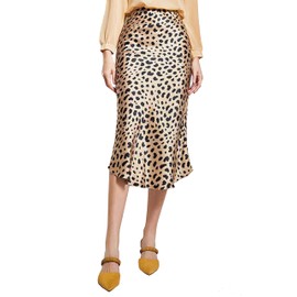Mist Azur Womens Satin High Waisted Silky A-line Wedding Elegant Elastic Midi Skirt MA7302 (Gold Leopard, XXL)