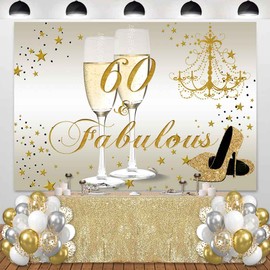 Sensfun Happy 60th Birthday Backdrop for Women Glitter High Heels Champagne Glasses Photography Background Gold Fabulous Sixty Years Old Birthday Decorations Vinyl Photo Banner 7x5ft