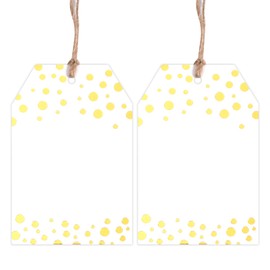50pcs Gift Tags with String Attached, 3.3x2.1In Gold Foil Dot White Blank Gift Tags with String for DIY Craft Candy Bags Cookie Pouch Party Wedding Christmas Favor Present