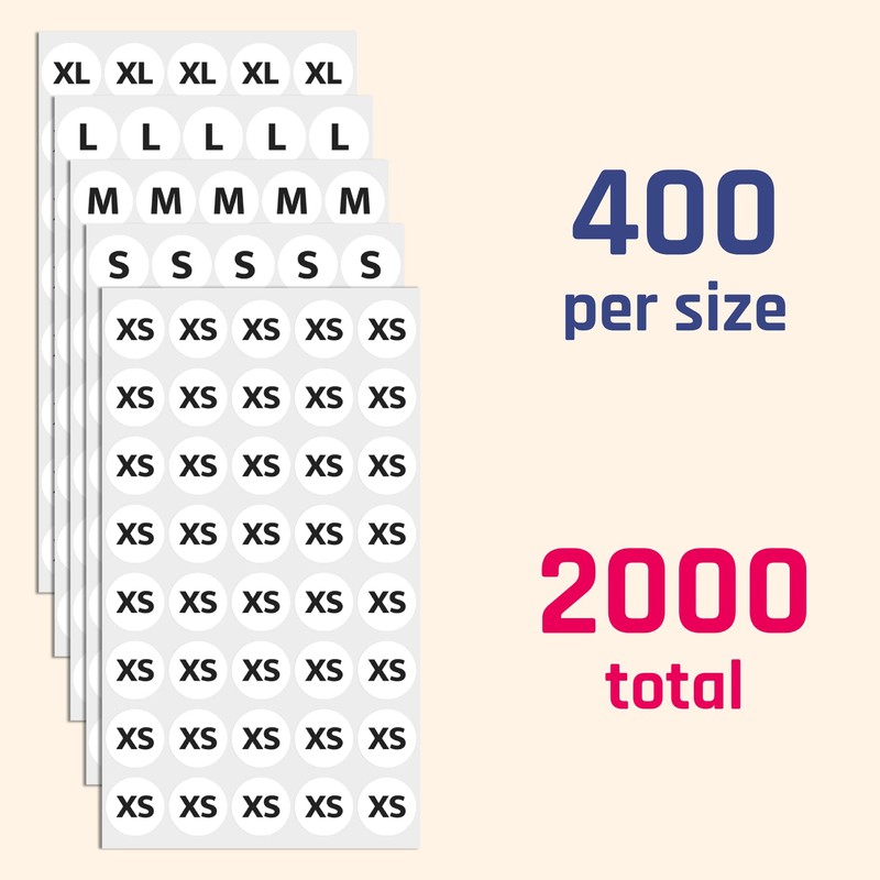 2cm Clothing Size Sticker Labels - 5 Sizes (XS, S,