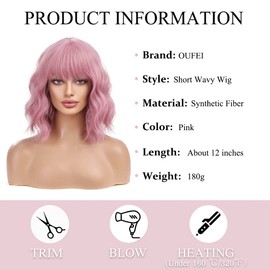 OUFEI Pink Wigs for Women Short Wavy Wig With Bangs Natural Synthetic Hair Heat Resistant Wigs for Daily Party Cosplay Wear-12 Inches