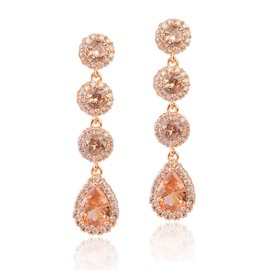 CZ Linear Drop Earrings Champagne Gold - Women's Long Sterling Silver Teardrop Citrine Cubic Zirconia Crystal Bridal Dangle Drop Wedding Prom Party Earrings for Bride Bridesmaids