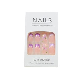 Purple French Tip Press on Nails Medium Square Fake Nails White Flower False Nails with Grape Designs Artificial Acrylic Glossy Glue on Nails Nude Stick on Nails for Women Manicure 24pcs