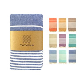 MOMOMUS Fouta XXL, Beach Towel for Adults - 100% Cotton, with Fringes and Sand Free - Blue, 210x240 cm