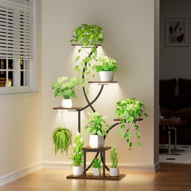 Plant Stand Indoor with Grow Lights, 6 Tiered Indoor Plant Shelf, 48'' Corner Plant Stands for Indoor Plants, Lighted S-Shaped Plant Rack, Tall Flower Holder Display for Living Room, Home (Black)
