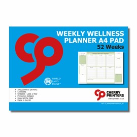 Cherry Weekly Wellness Planner A4 Pad | 52 Undated Sheets for Year-Round Wellness Tracking | Includes Sections for Priorities, Self-Care, Gratitude, and Food Ideas | Made in the UK | Sage
