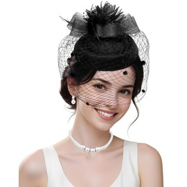 5Pcs Fascinator and Gloves Set for Women Tea Party Veil Mesh Funeral Cocktail 1920s Fascinators Hat Headband Lace Gloves Black