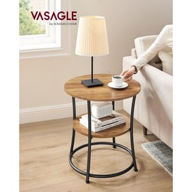 VASAGLE Side Table, Round End Table with 2 Shelves for Living Room, Bedroom, Nightstand with Steel Frame for Small Spaces, Outdoor Accent Coffee Table, Rustic Walnut and Ink Black