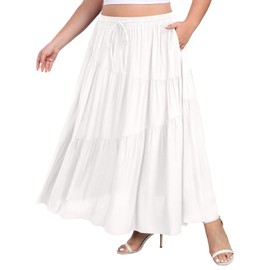 Moon Wood Women's Plus Size Tiered Maxi Skirt Elastic High Waist A Line Flowy Long Maxi Skirt with Pockets White