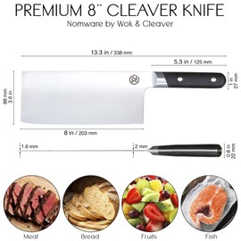 Nomware 8” Vegetable Cleaver, 59 Rockwell Hardness, 9cr Stainless Steel, Chacate Preto Wood Handle