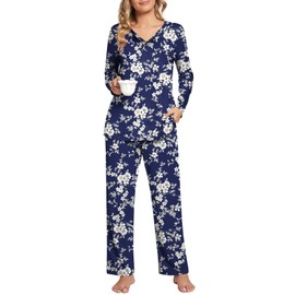 syoss 2 Piece Women's Fall Pajama Sets, Long Sleeve Lounge Sleepwear Ladies Pjs Sets with Pockets XXL, White Flowers