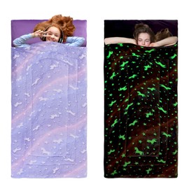 HOMBYS Glow in The Dark Sleeping Bags for 10~12 Years Old Kids, Soft Kids Nap Mat with Pillow and Blanket for Daycare School, Travel Sleep Bag for Childern Girls Boys Truck Travel Camping