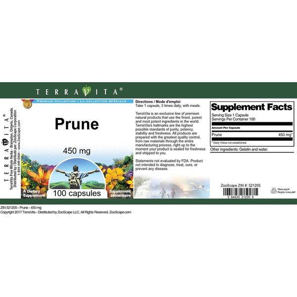 TerraVita Prune - 450 mg (100 Capsules, ZIN: 521205) -