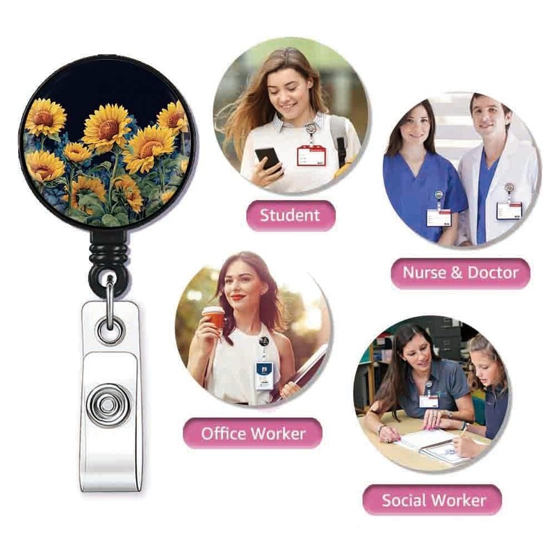 Sunflower Retractable ID Card Badge Holder with Alligator Clip, Name