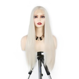 WXHWCX Long Daily White Blonde Synthetic Lace Front Wig #60 Straight Free Part Heat Resistant Fiber Hair Glueless Lace Wigs For Women 24inch