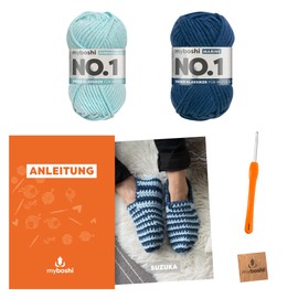 myboshi Suzuki Slippers Crochet Set, Including No. 1 Wool, Needle and Instructions, Shoe Crochet Pack, 30% Merino Wool, Blue with Crochet Hook