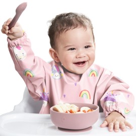 Nombear Waterproof Full Body Bib for Baby with Sleeves for BLW, Baby Accessories - Easy Care Bib with Sleeves, Washwares Sleeve Bib, Baby Bib with Crumb Tray, 07-Unicorns & Rainbows (1 Pack)