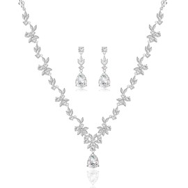 wynn's Wedding Jewellery Set for Women, Silver Necklace Dangle Earrings Set, White Gold Bridal Bridesmaid Wedding Jewellery Set with White AAAAA Cubic Zirconia, Womens Jewellery Set Birthday Christmas