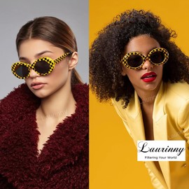 Laurinny Yellow Sunglasses Oval Clout Goggles for Women Men Retro Round Sun Glasses Yellow Grid Costume Party Frame