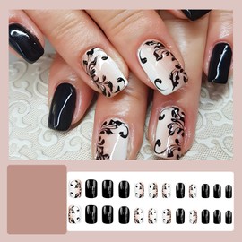 Medium Press on Nails Square Fake Nails Black Glossy Nails Press ons Black Swallowtail Butterfly Glue on Nails with Color Gradient Designs Full Cover Stick on Nails for Women Acrylic Nails 24 Pcs