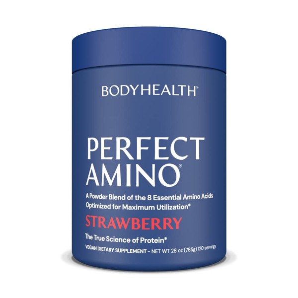 BodyHealth PerfectAmino Powder Strawberry (120 Servings) Best Pre/Post Workout Recovery Drink, 8 Essential Amino Acids Energy Supplement with 50% BCAAs, 100% Organic, 99% Utilization