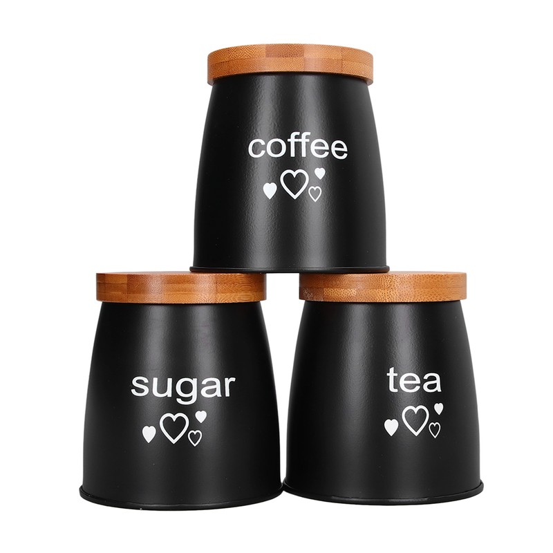 3Pcs Coffee Tea Sugar Container Set Bamboo Lid Durable Iron
