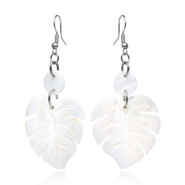 AeraVida Enchanting Nature Summer Leaf White Kabibe Shell Dangle Earrings | Boho Style Sterling Silver Dangle Earring for Women | Jewelry Gift