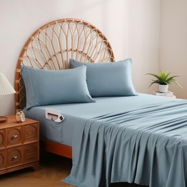 JSD Blue King Sheet Set with Side Pocket Corner Straps, 4 Piece Soft Microfiber Bed Sheets Extra Deep Pocket