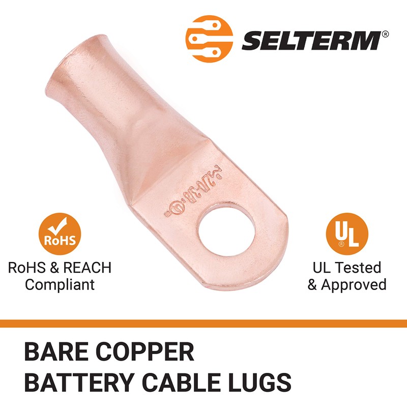 SELTERM 5pcs 2/0 AWG 3/8" Stud Copper Wire Lugs, Battery
