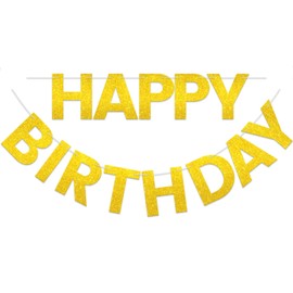 LITAUS, Gold Glitter Happy Birthday Banner - Pre-Strung, 9 ft, No DIY | Birthday Decorations | Happy Birthday Sign for Birthday Decor, Backdrop | Birthday Banner for Women, Men | Birthday Party Banner