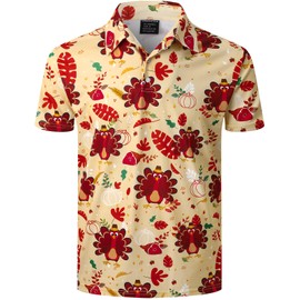 Men's Thanksgiving Shirt Turkey Costume Outfit Button Down Polo Golf Top, Turkey, Medium