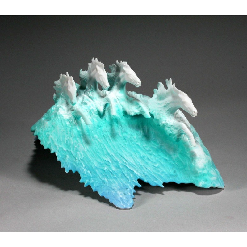 Surf Horses Sculpture from John Perry Airbrushed Blue Wave 14in