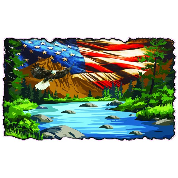 RV Camper Graphics Mountain Lake Scene with American Flag and