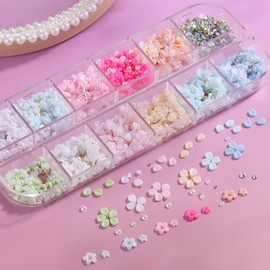 Fcozpjk Flower Nail Charms, 3D Acrylic Flowers Petals Colorful Floral Nail Gems Gold Silver Butterfly Charms Tiny Caviar Beads Pearl Rhinestones Manicure Decoration