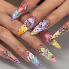 Colorful Flowers Rhinestone Press on Nails Long Almond Fake Nails with Designs 3D Gems Full Cover Artificial Nails French Tip Glue on Nails Spring Summer Acrylic Nails for Women Girls Manicure 24Pcs