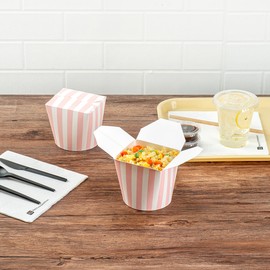 Bio Tek 4 x 3.4 x 3.7 Inch Food Containers, 50 Noodle Takeaway Boxes - Disposable, Striped, Pink And White Paper 26 Ounce Take Out Boxes, Round, For Hot Or Cold Foods - Restaurantware